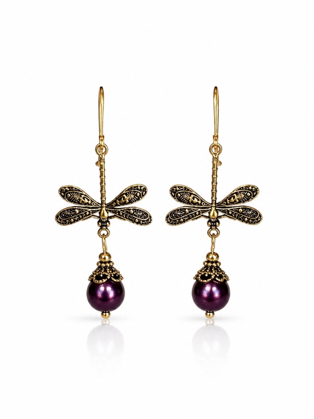 Gold Dragonfly Drop Earrings with Purple Pearl Accent